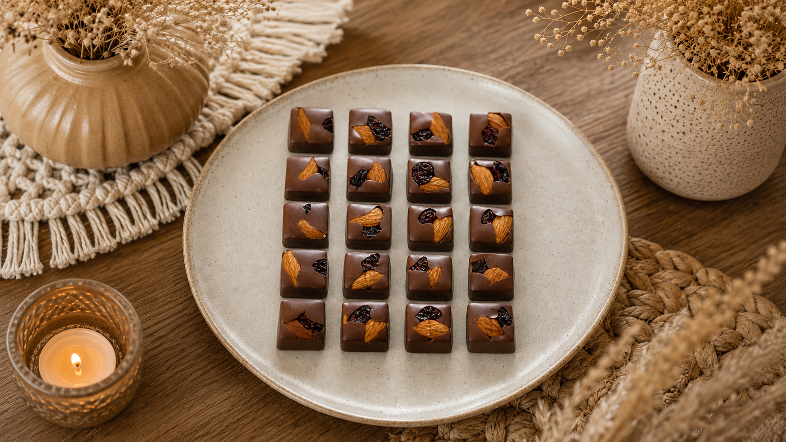Bombones caseros de chocolate con leche coronados con almendra y arándanos secos sobre plato de cerámica