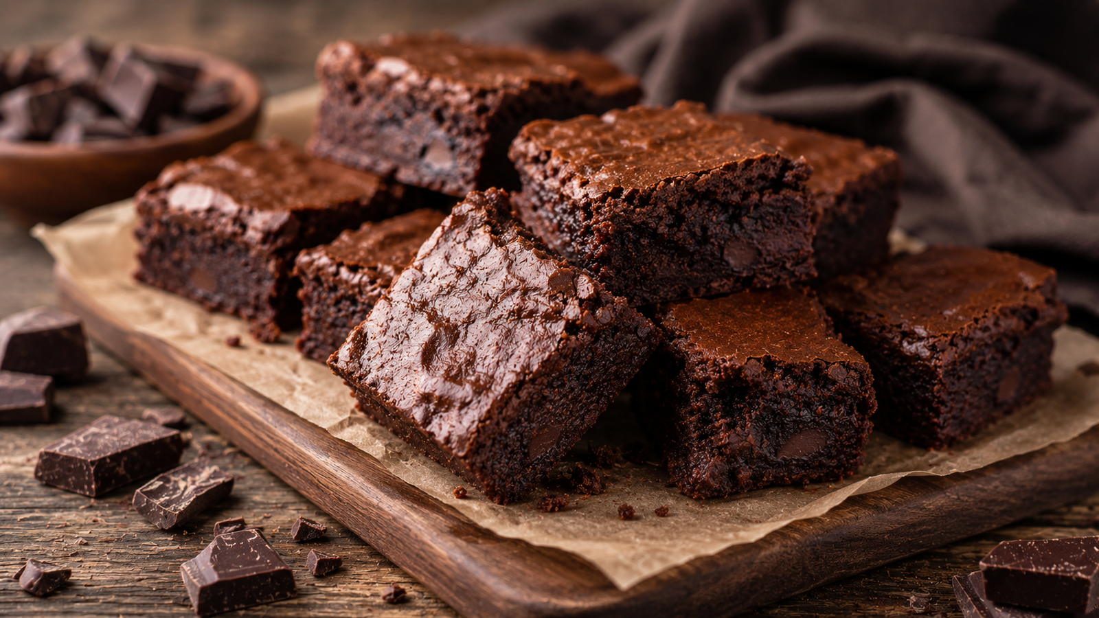 Brownie de chocolate cortado en cuadrados con nueces pacanas, sobre papel de horno
