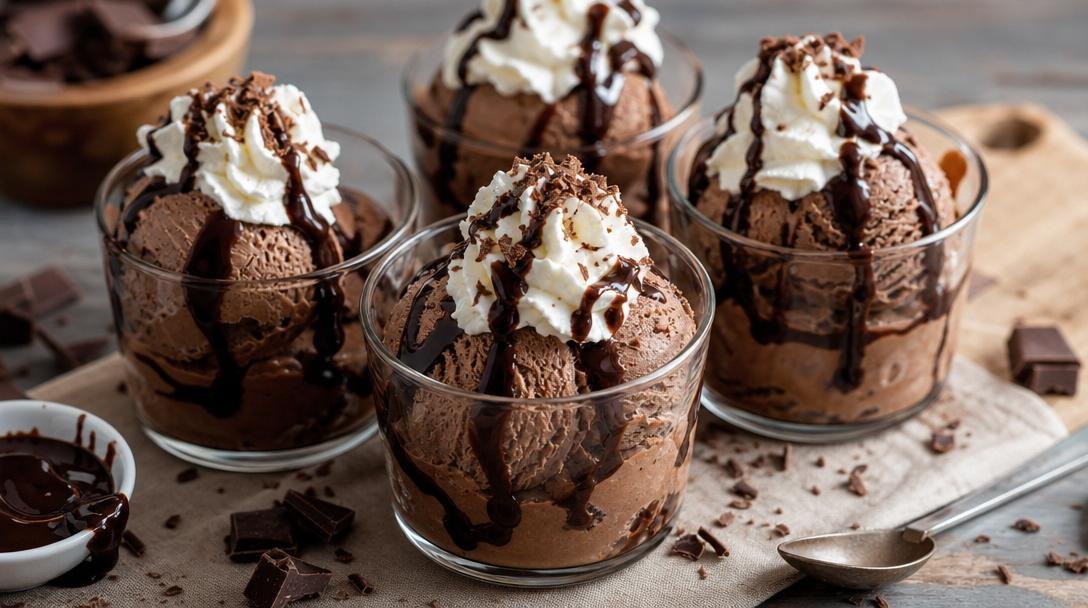 Copa de helado de chocolate casero con hilo de salsa de chocolate, rosetón de nata montada y virutas de chocolate