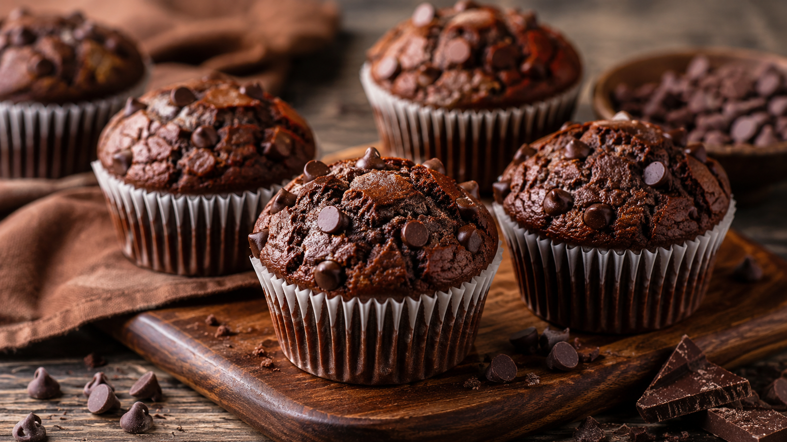 Muffins de chocolate con pepitas de chocolate y crumble de cacao, espolvoreados con azúcar glas